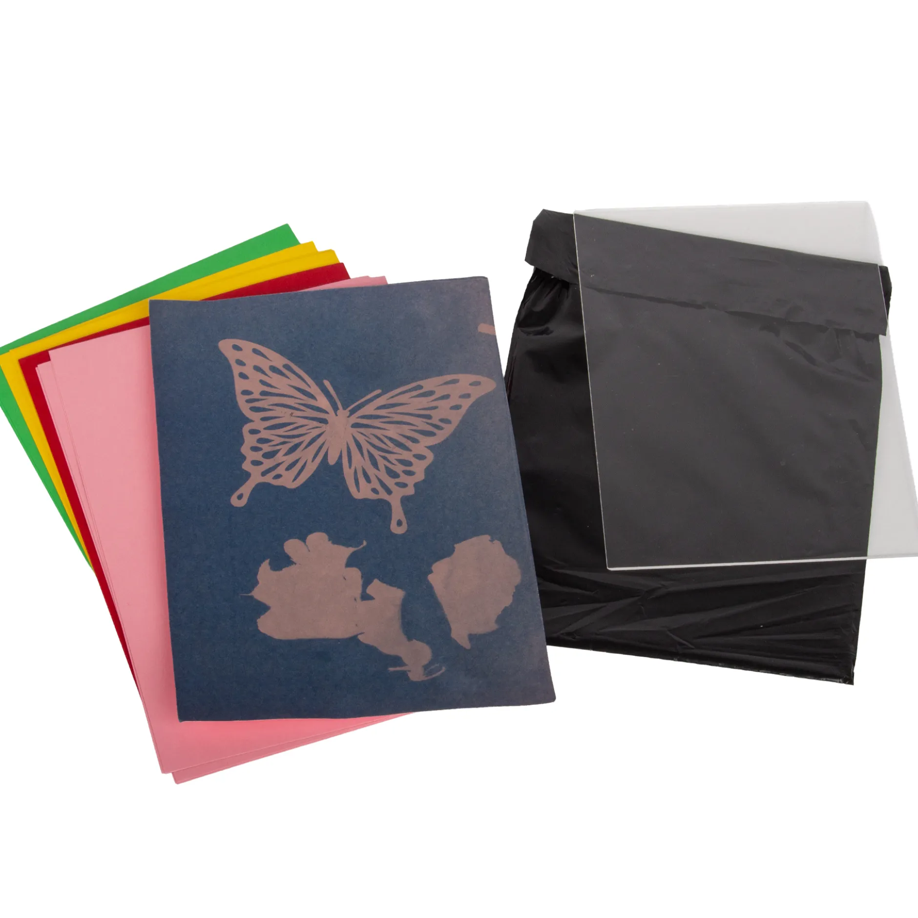 Farbiges Foto-Solarpapier DIN A 5 mit Fixierscheibe (pink, grün, gelb, rot), 16 Blatt