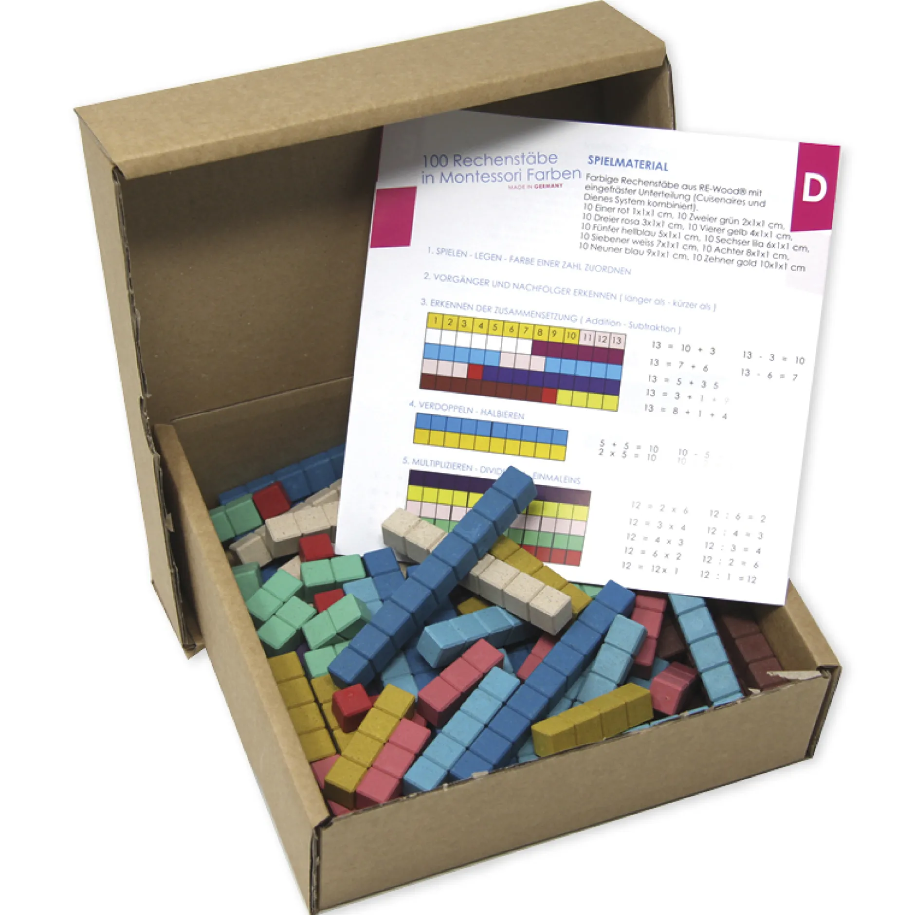 Rechenstäbe aus RE-Wood "Montessori-Farben", 100-tlg., im Karton "Montessori Premium"